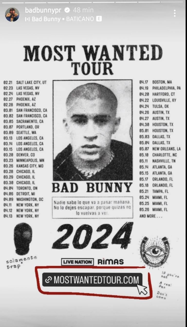 Bad Bunny tendrá conciertos por su gira Most Wanted Tour