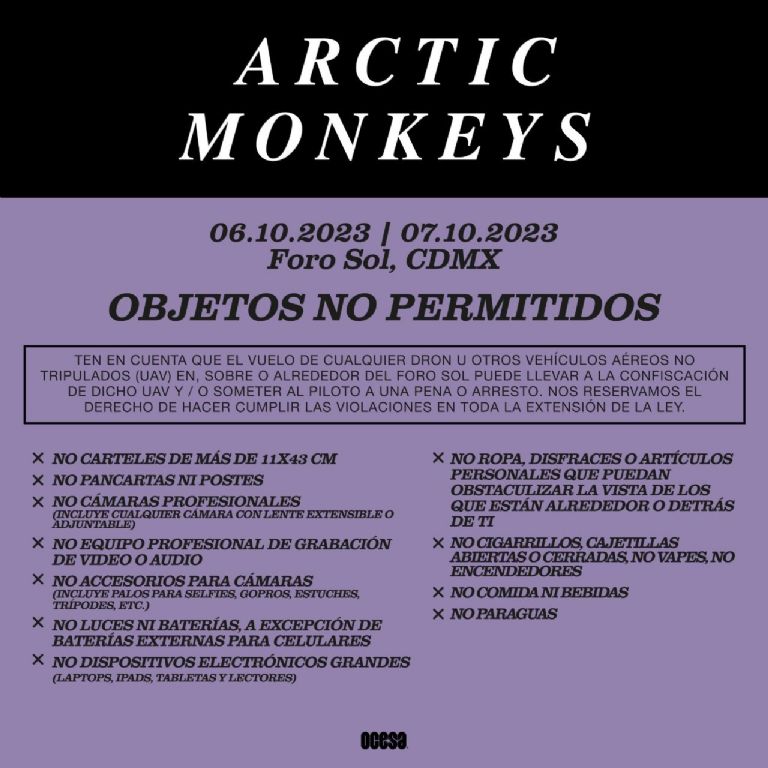 objetos no permitidos concierto Arctic Monkeys méxico 