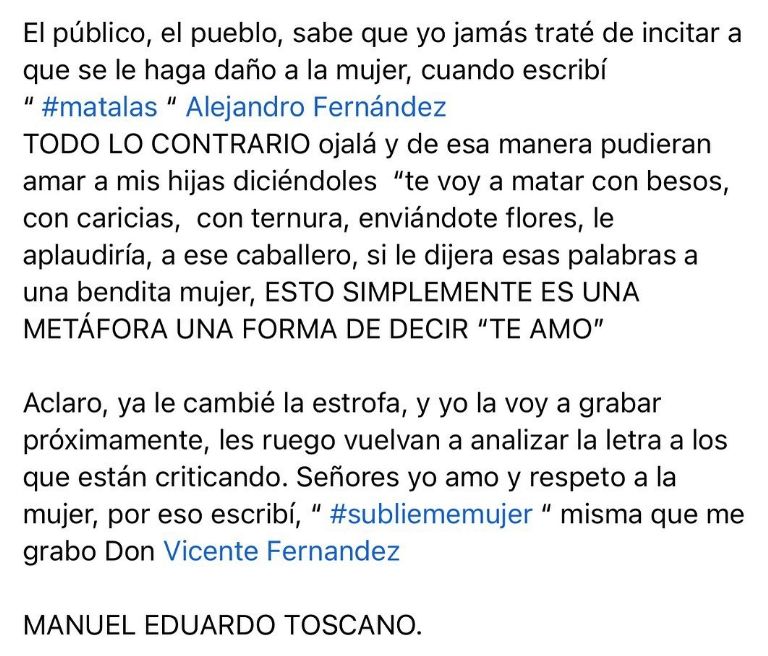 Mátalas es una polémica canción de Alejandro Fernández por su letra