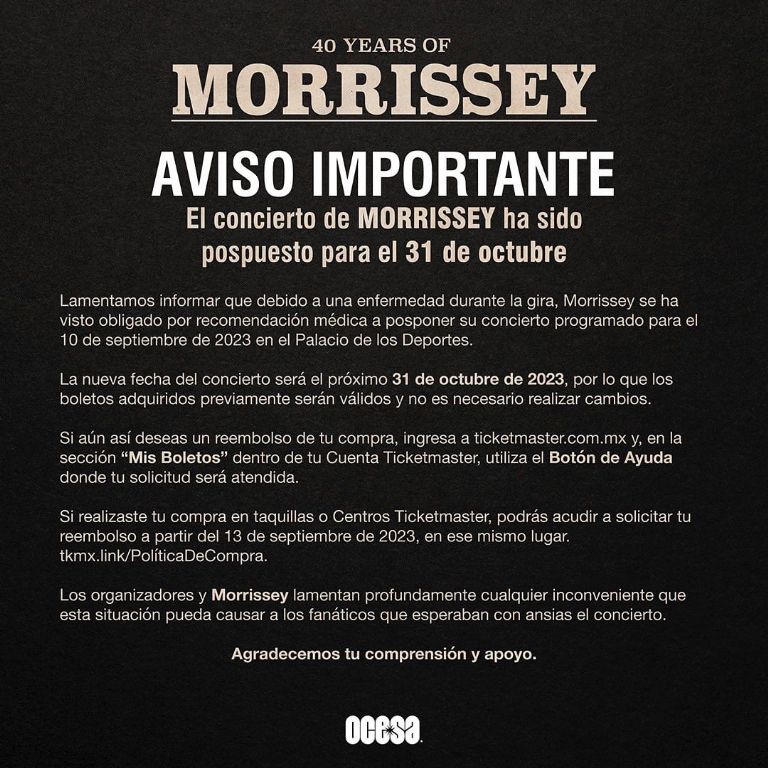 Vas a pedirle tu reembolso a Ticketmaster por la cancelación del concierto de Morrisey