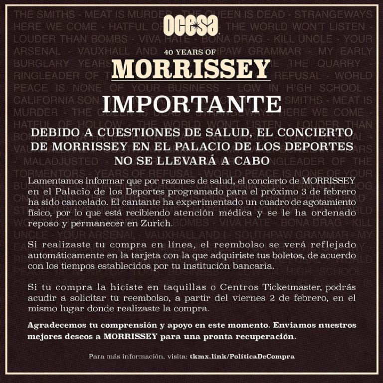 Morrissey cancela conciertos méxico cómo pedir reembolso
