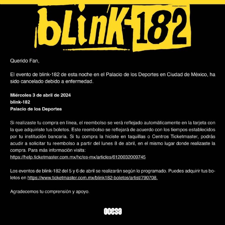 Blink 182 cancelan su concierto de hoy en el Palacio de los Deportes